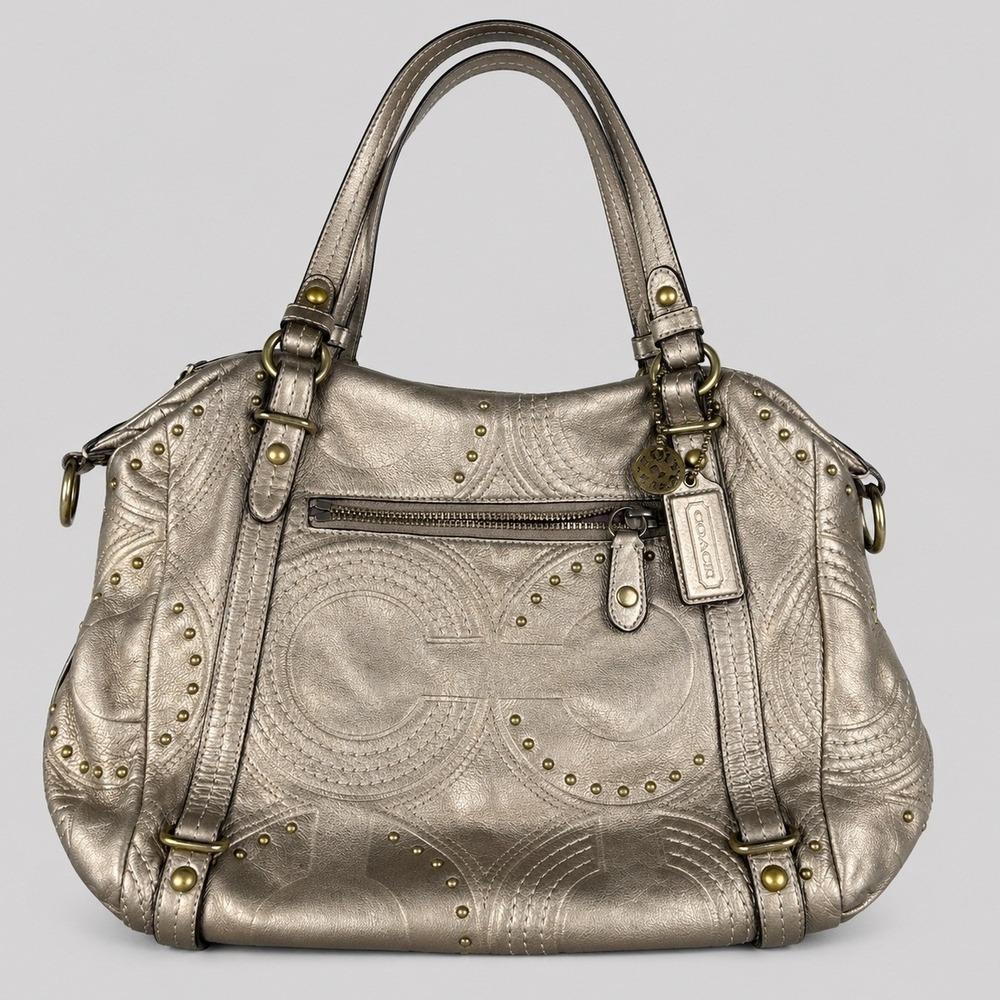Vintage‎ Coach Mia Maggie Pewter Metallic Leather Studded Op Art Bag Brass Y2K